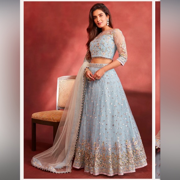 Dusty Blue Embroidered Net Lehenga - Lashkaraa - Picture 4 of 6